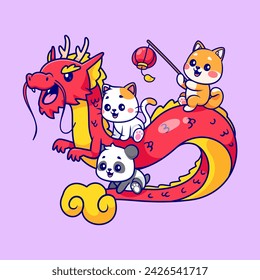 Cute Panda, Shiba Inu Dog And Cat Playing With Dragon Chinese Barongsai Cartoon Vector Icon Illustration. Animal Holiday Icon Concept Isolated Premium Vector. Flat Cartoon Style