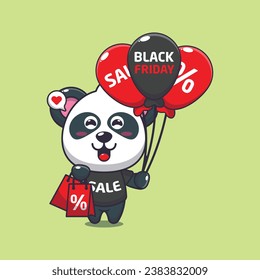 cute panda with shopping bag and balloon at black friday sale cartoon vector illustration