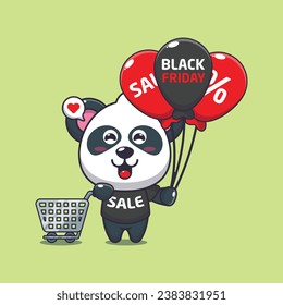 cute panda with shopping cart and balloon at black friday sale cartoon vector illustration
