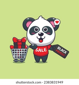 cute panda with shopping cart and discount coupon black friday sale cartoon vector illustration