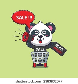 cute panda in shopping cart is promoting black friday sale with megaphone cartoon vector illustration
