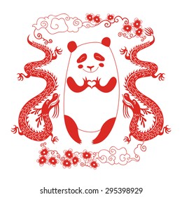 Cute panda showing heart. Vector illustration with traditional Chinese patterns.