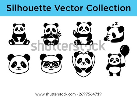 Cute Panda Silhouette Vector Collection with Various Poses and Expressions for Creative Design Projects Featuring Sitting Eating Sleeping Wearing Glasses Holding a Balloon and a Heart Shaped Image