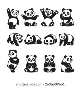 Cute Panda Silhouette Vector Set on White Background