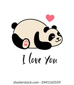 Cute panda. Simple flat icon with the inscription I love you. Postcard Template