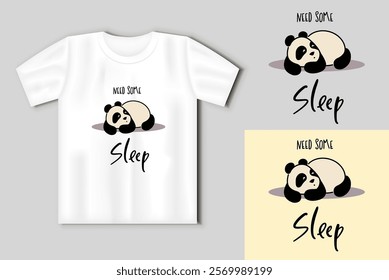 Cute panda. Simple flat icon with the inscription Need some sleep. Template with t-shirt mockup