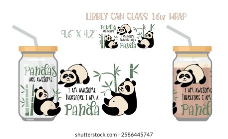 Cute panda. Simple flat icon with a funny inscription. Full wrap for libby class can with mock up. Vector Illustration