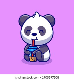 Cute Panda Sipping Boba Milk Tea Cartoon Vector Icon Illustration Animal Drink Icon Concept Isolated Premium Vector. Flat Cartoon Style