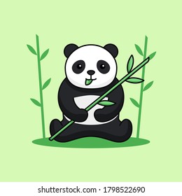 Cute panda sit eat leaf and holding bamboo stem on forest background simple outline vector illustration. asian animal character mascot design.