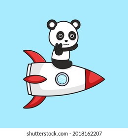 Cute panda sit on rocket cartoon icon illustration. Design isolated flat cartoon style
