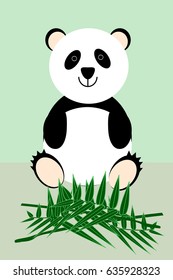 Cute panda sits at the bamboo branches