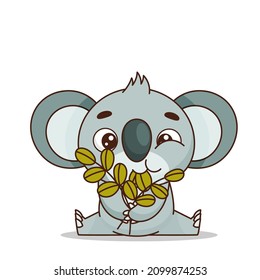 A cute panda sits and chews eucalyptus leaves. Bon Appetit. Postcard in children's cartoon style. Vector illustration for designs, prints and patterns.