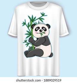 Cute Panda Sits Down And Holds Bamboo. Cartoon Character. Vector Illustration. T-Shirt Design.