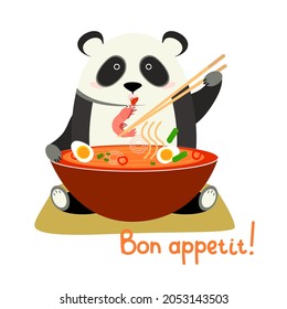 Cute panda sits and eats Chinese noodle soup. The panda is having lunch. Inscription - Bon appetit. Flat vector illustration isolated on white background.