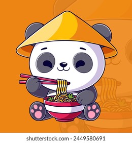 Cute panda sits and eats ramen using chopsticks