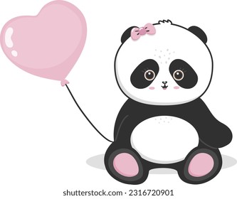 cute panda sits and holds a heart shaped balloon behind her back