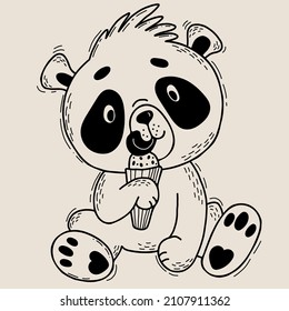 Cute panda sits and licks an ice cream. Vector illustration. Character Cute animal in linear hand drawing style for kids collection and postcards, design, decor and print.