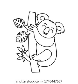 Cute panda sits on a eucalyptus tree. the picture is drawn in an infinite single line. Vector linear illustration on a white background.