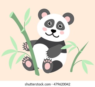 Cute panda sitting with branches of bamboo vector illustration