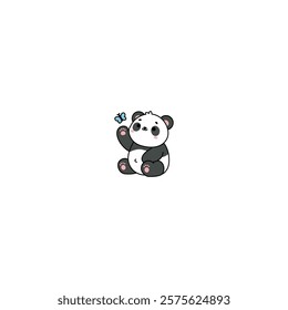 Cute panda sitting with butterfly cartoon, vector illustration