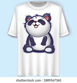 Cute Panda Sitting Cartoon Character. T-Shirt Design. Vector Illustration.