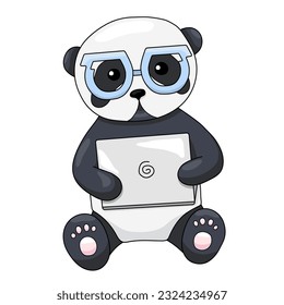 A cute panda is sitting at a computer and wearing blue glasses on a white background. Vector illustration. Beautiful black and white animal.