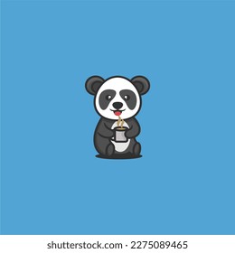 Cute panda sitting drinking coffee