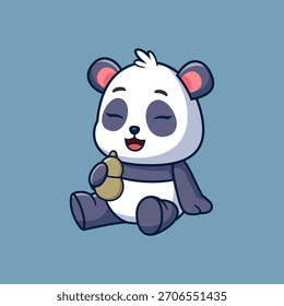 Lindo panda sentado y bebiendo de una botella tradicional de ilustración