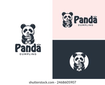 Un panda lindo sentado comiendo dimsum dumpling gyoza jiaozi shumai xiao long bao mandu de tazón con palillos. Diseño del logotipo de la mascota para asiático chino coreano japonés oriental restaurante de cocina.