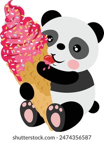 Lindo panda sentado comiendo un cono de helado