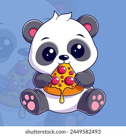 Cute panda sitting and eating pizza