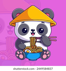 Cute panda sitting eating ramen