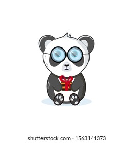 Cute panda. sitting with a gift. Vector illustration for children isolated white background.