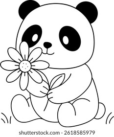 Lindo panda sentado y sosteniendo una gran flor