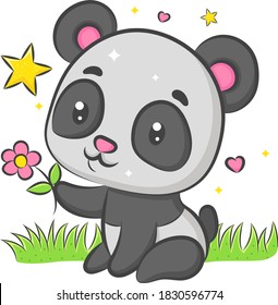 Cute Panda sitting and holding flower of illustration 
