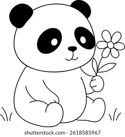 Cute panda sitting and holding a small flower