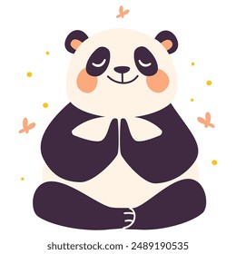 Cute panda sitting in lotus pose and meditating. flat vector illustration in kids style