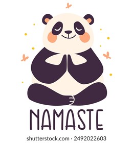 Netter Panda sitzend in Lotuspose und meditierend, flache Vektorillustration im Kinderstil, Inschrift Namaste.