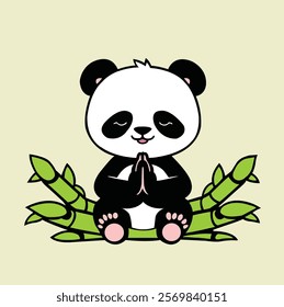 A cute panda sitting in a meditative pose with its eyes closed and hands pressed together, as if prayer or meditation. it is surrounded by green bamboo, giving it a peaceful and serene vibe.