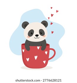 cute panda sitting in mug with hearts, panda character for cozy love design, panda illustration in pastel style for valentines cards and kids branding
