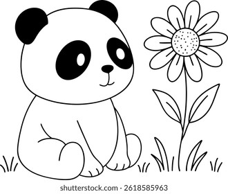 Cute panda sitting near a single flower