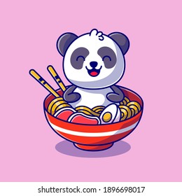 Cute Panda Sitting In The Noodle Bowl Cartoon Vector Icon Illustration. Animal Food Icon Concept Isolated Premium Vector. Flat Cartoon Style