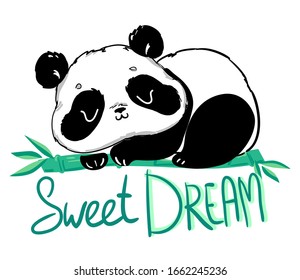 Cute Panda sitting on the bamboo. Handwritten - Sweet dream. Vector illustration. 