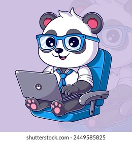 Cute panda sitting on a chair while playing on a laptop