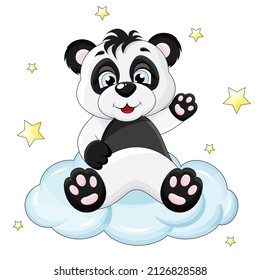 cute panda is sitting on a cloud and waving his hand 