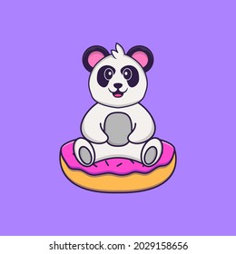 Cute Panda is sitting on donuts. Animal cartoon concept isolated. Can used for t-shirt, greeting card, invitation card or mascot.