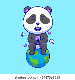 Cute Panda Sitting On Earth While Playing Smartphone Cartoon Vector Icon Illustration. Suitable for any creative project 