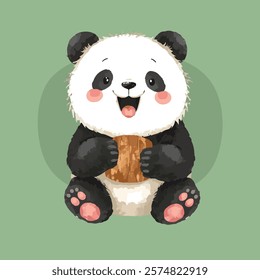 A cute panda is sitting on a green background, smiling and holding bamboo, with a cheerful and playful look.