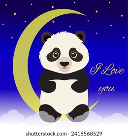 cute panda sitting on the moon in the clouds against the night and starry sky next to a message i love you