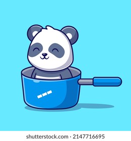 Cute Panda Sitting On Pan Cartoon Vector Icon Illustration. Animal Nature Icon Concept Isolated Premium Vector. Flat Cartoon Style